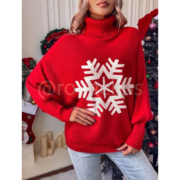 Red Oversized Pullover Sweater Snowflake Turtleneck Long Sleeve Knit - Picture 7 of 8